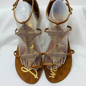 Sam Edelman Brown Leather Rhinestone Mesh Strappy Sandals Size 8, Sparkly Shoes